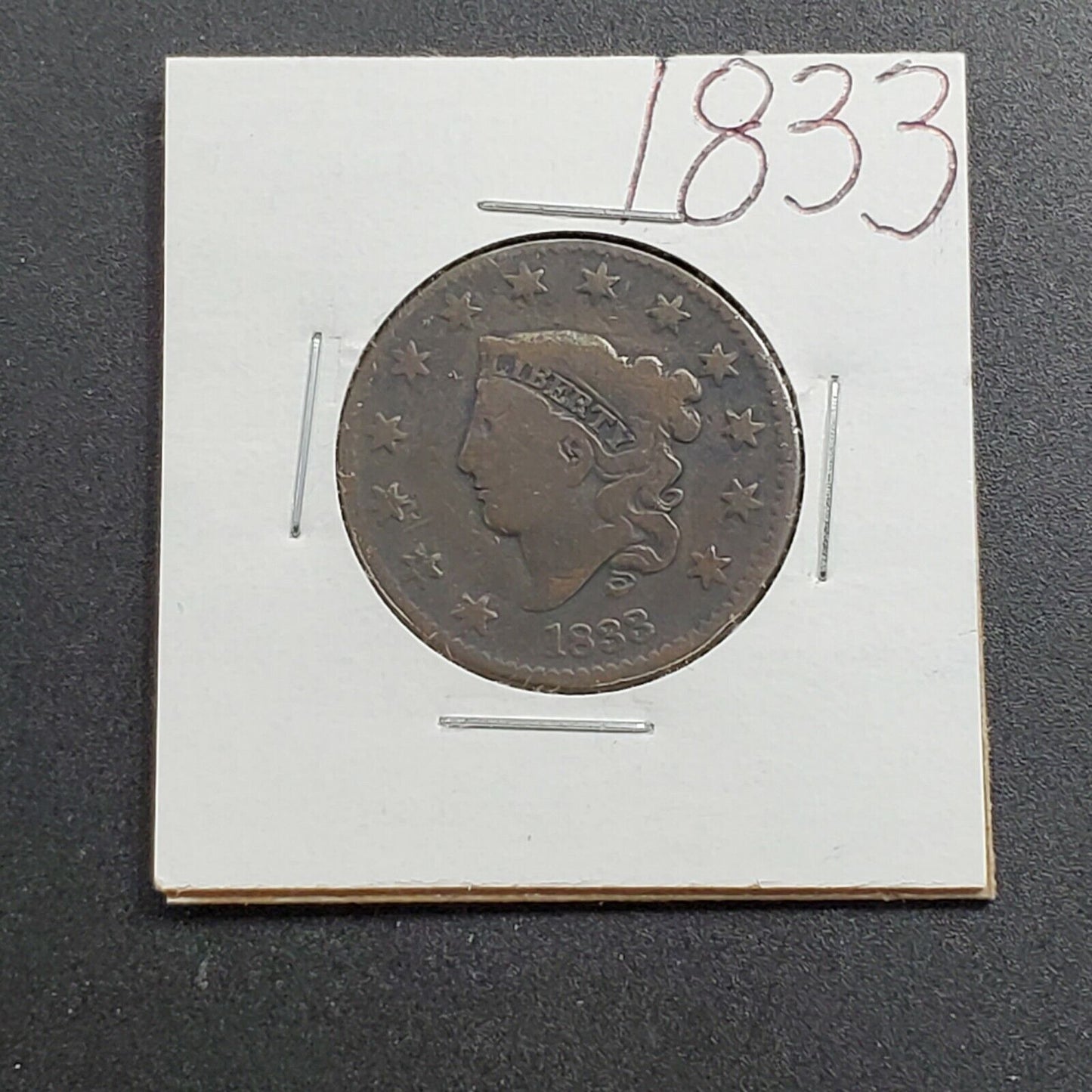 1833 1c Coronet Head Large Cent Penny US Copper Choice Fine ~ 25% Rotated Die