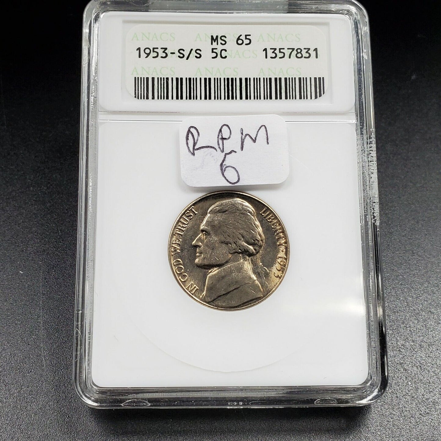 1953 S S/S Jefferson Nickel Coin ANACS MS65 Gem BU UNC RPM 006 DMR-007