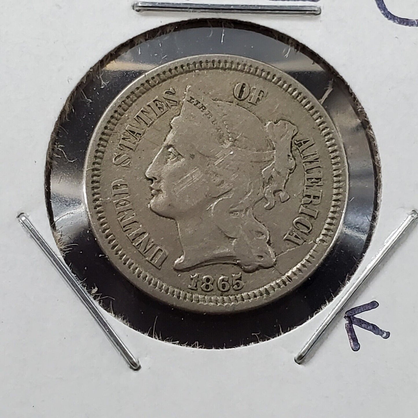 1865 P 3c Liberty Three Cent Nickel Coin AVG Retained Cudd Error VF