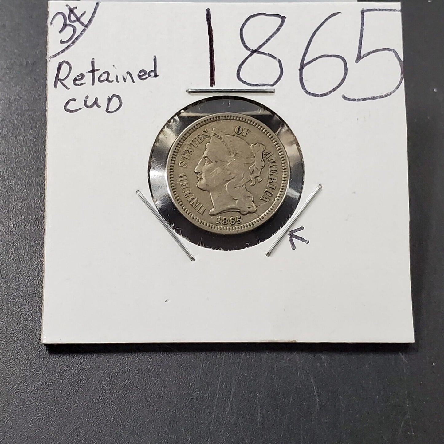 1865 P 3c Liberty Three Cent Nickel Coin AVG Retained Cudd Error VF