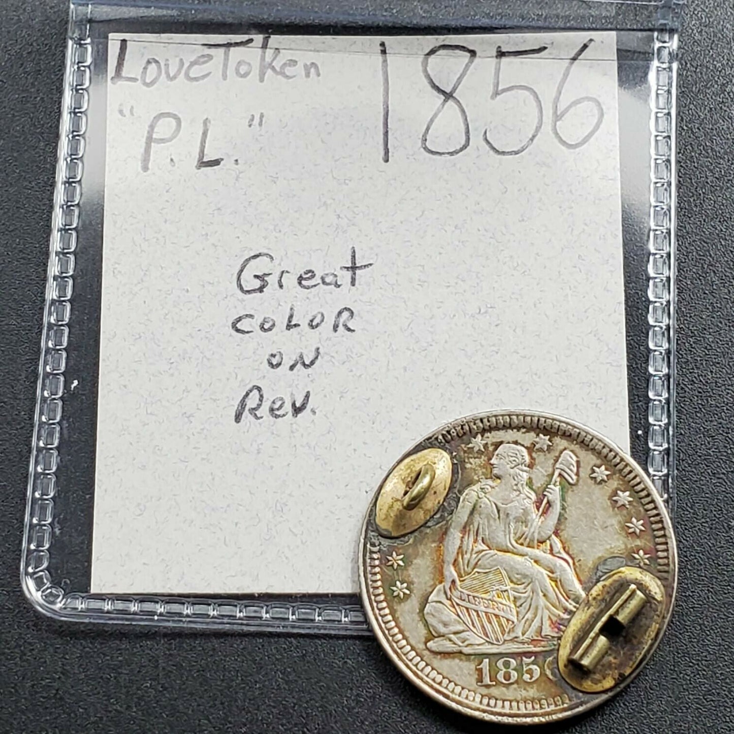 1856 Seated Liberty XF Quarter Engraved Love Token Pendant RJ R.J. Initials Logo