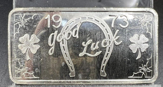 1973 Horseshoe Good Luck 1 oz .999 Silver Bar Great Lakes Mint w/ Die Crack