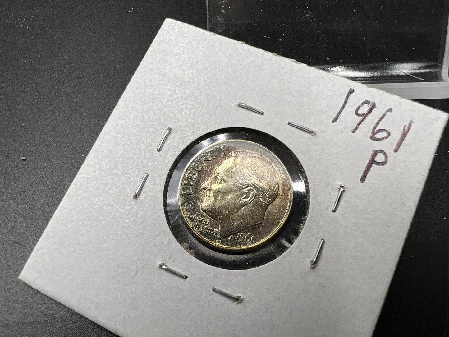 1961 P Roosevelt Silver Dime Coin Toning Toner Rainbow PQ * Choice AU About UNC