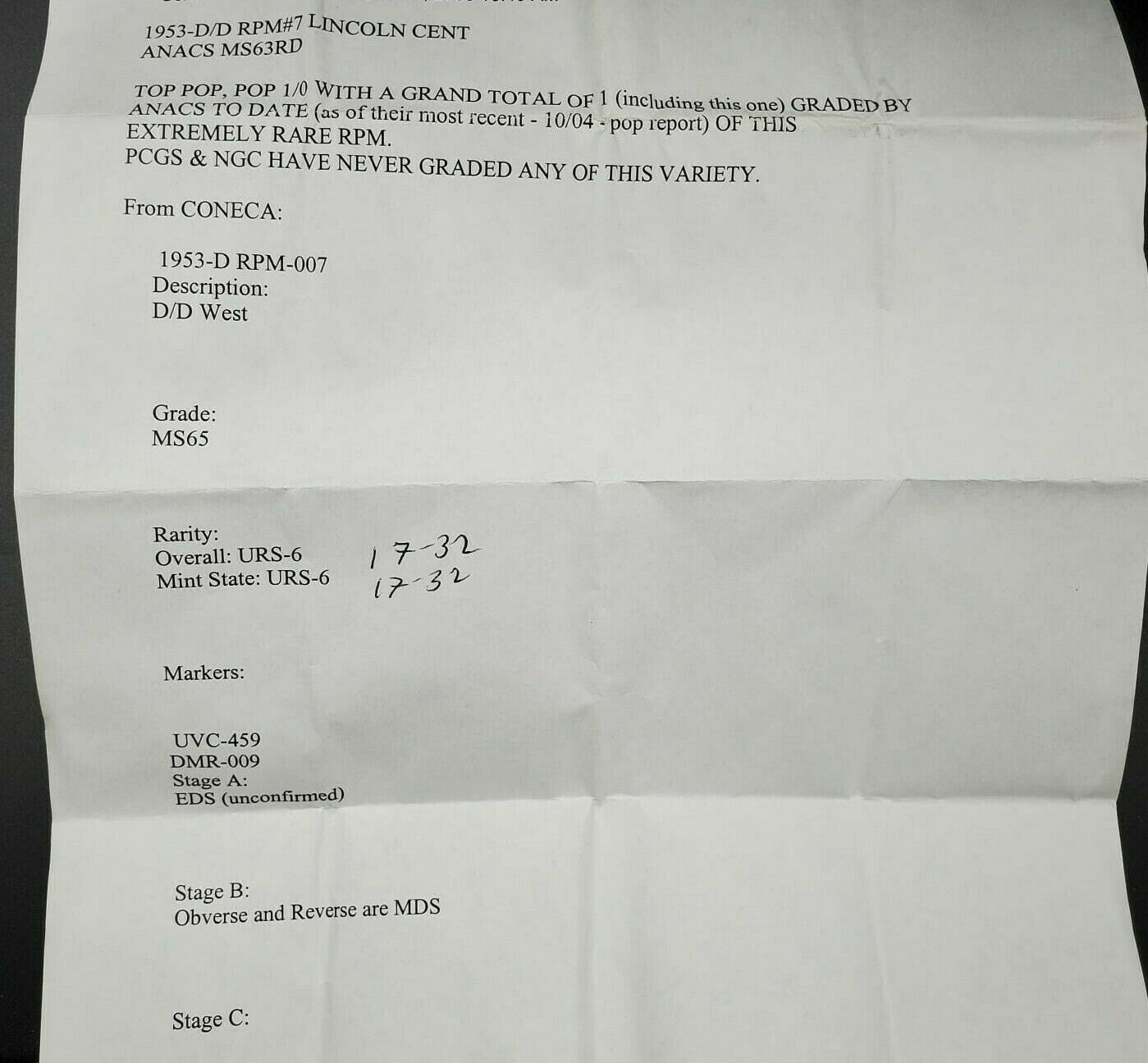 1953 D D/D Lincoln Wheat Cent Penny ANACS MS63 RPM 007 DMR-009 TOP CONECA 53 RPM