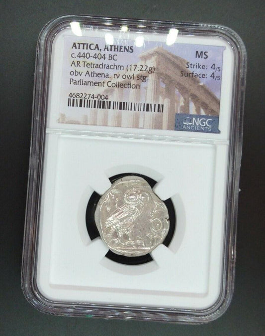 440 - 404 BC Athena Owl Greek Tetradrachm Attica Athens Ancient Coin NGC MS 4/5
