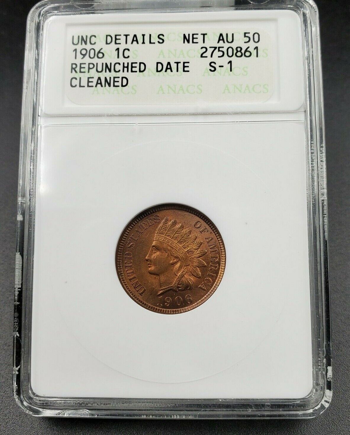 1906 Indian Cent Penny Error Variety ANACS UNC Details RPD S-1 Repunched Date