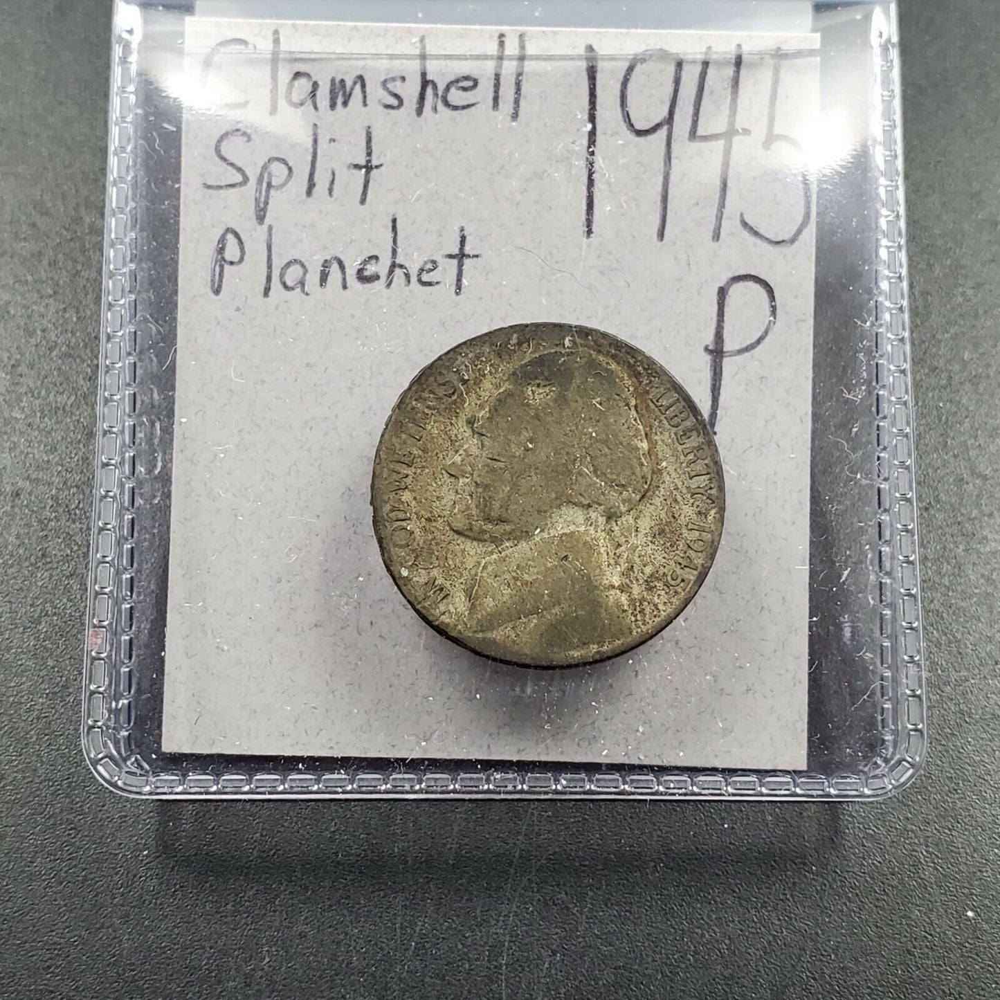 CLAMSHELL MAJOR SPLIT PLANCHET ERROR 1945 P 5C WW2 SILVER NICKEL WOW CIRC