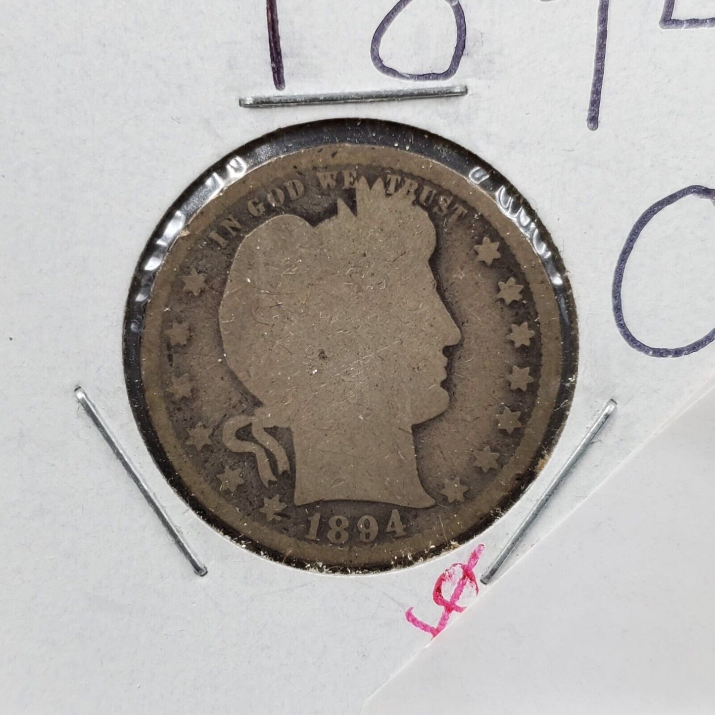 1894 O Barber Silver Eagle Quarter New Orleans Mint AG About Good Full Date