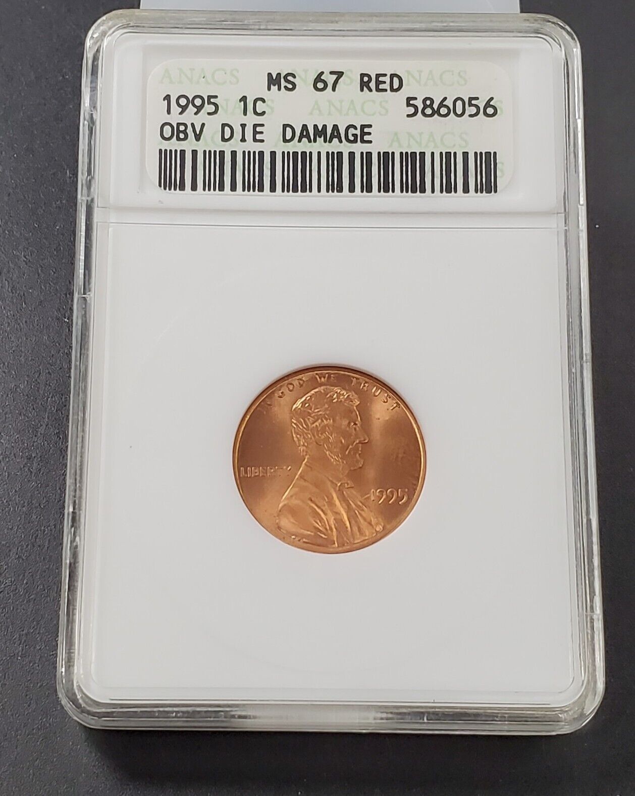 1995 P Lincoln Memorial Cent Penny Coin ANACS MS67 RED OBV DIE DAMAGE