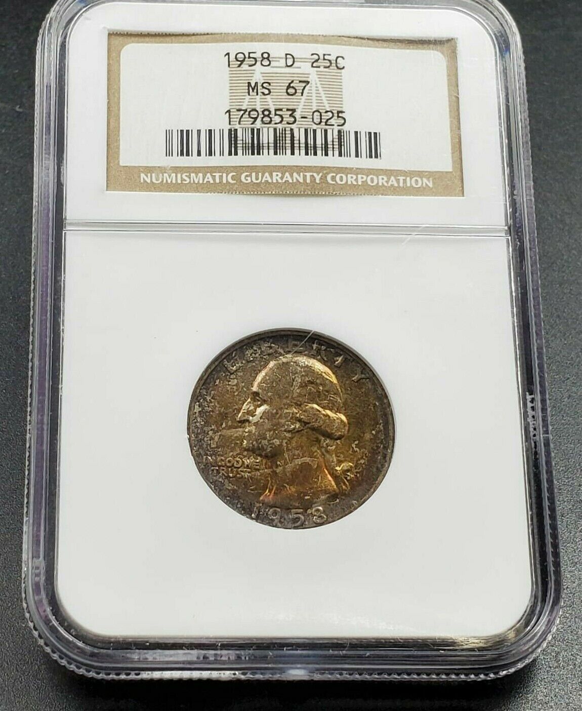 1958 D 25C Washington Quarter Coin NGC MS67 GEM BU PQ * Amber Toning Toner OBV