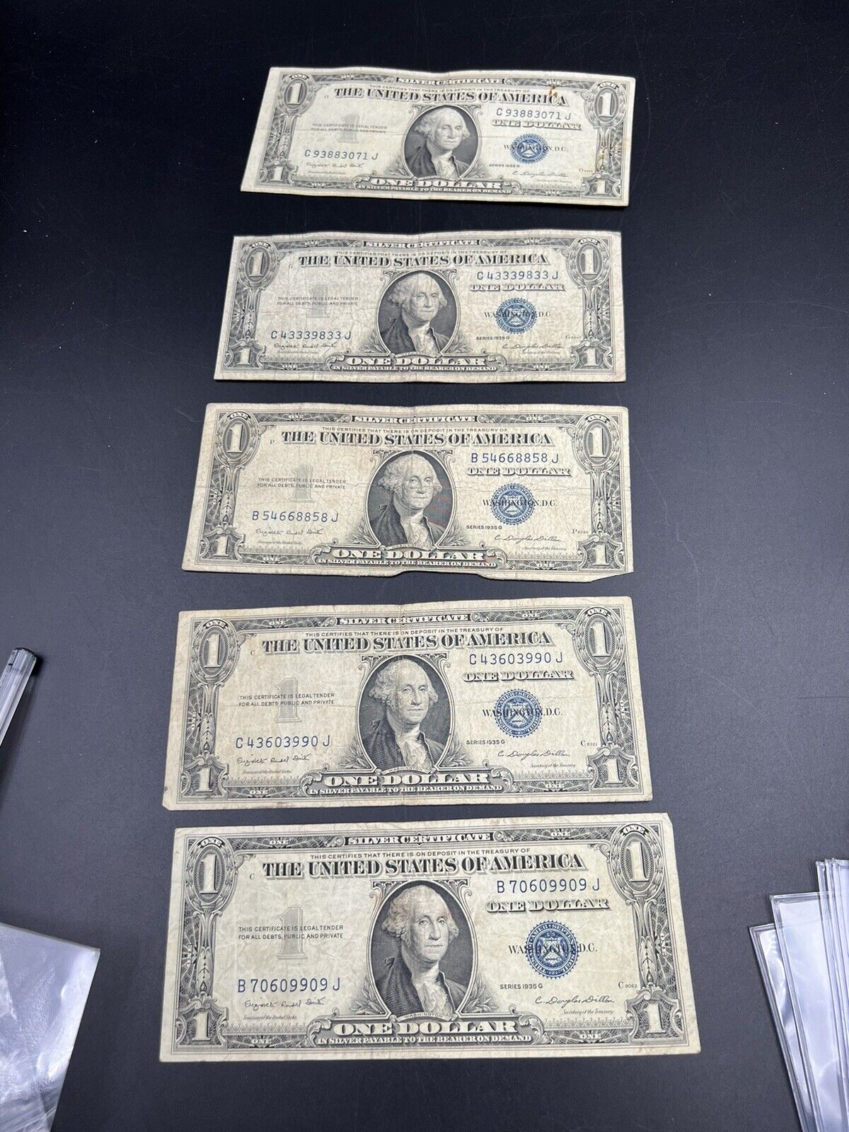 Lot of 5 1935 G $1 Silver Certificate Currency Notes VG+ No Motto Repeat Serial#