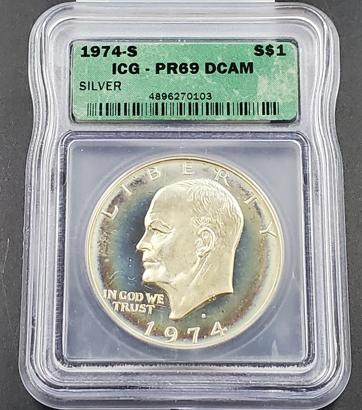 1974 S $1 Eisenhower Brown Ike 40% Silver PR69 DCAM ICG PQ * RAINBOW TONING TONE