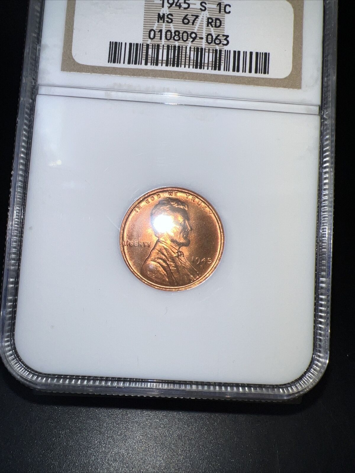 1945 S 1c Lincoln Wheat Cent Penny Coin NGC MS67 RD Gem BU Certified #063