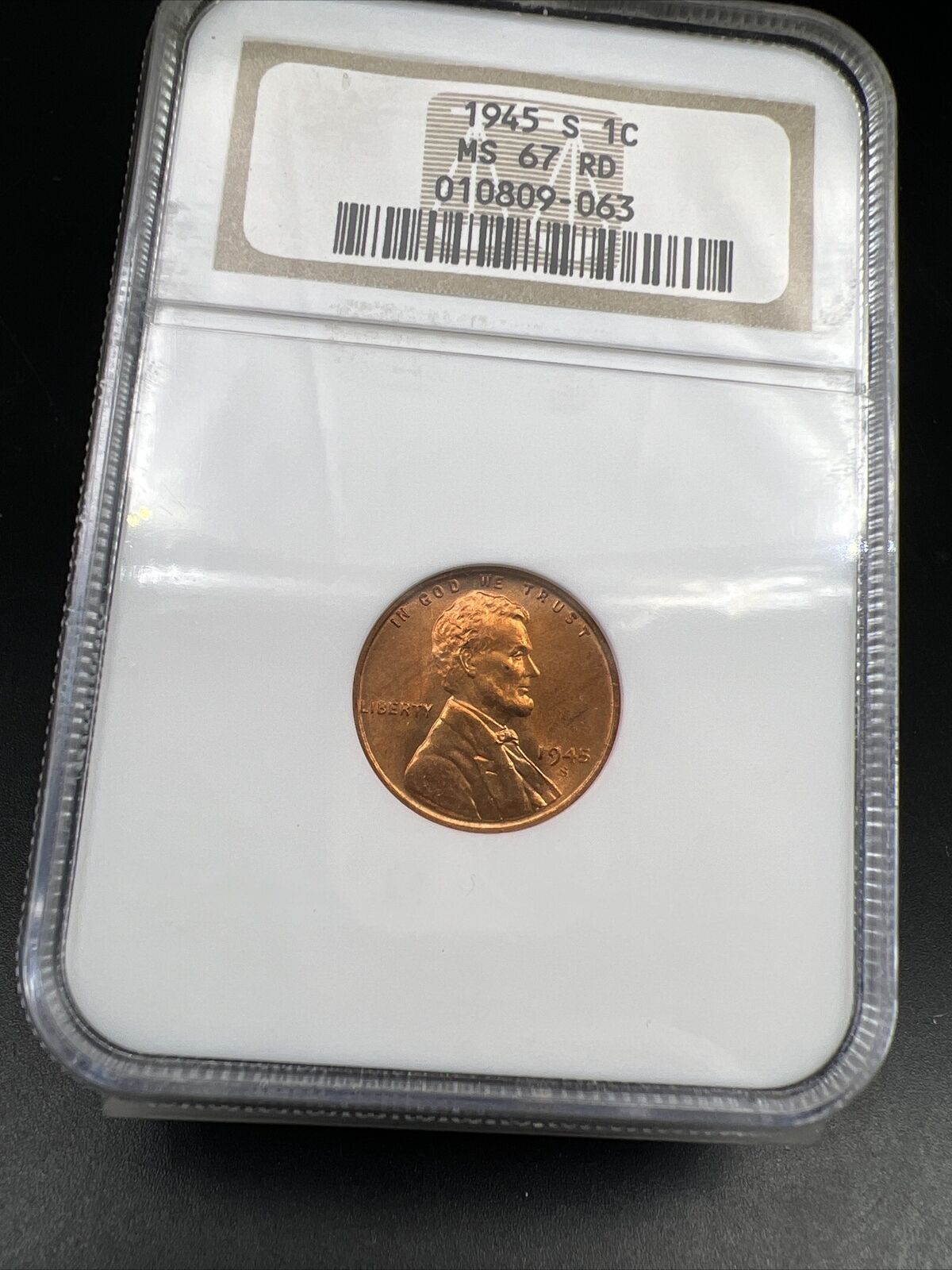 1945 S 1c Lincoln Wheat Cent Penny Coin NGC MS67 RD Gem BU Certified #063