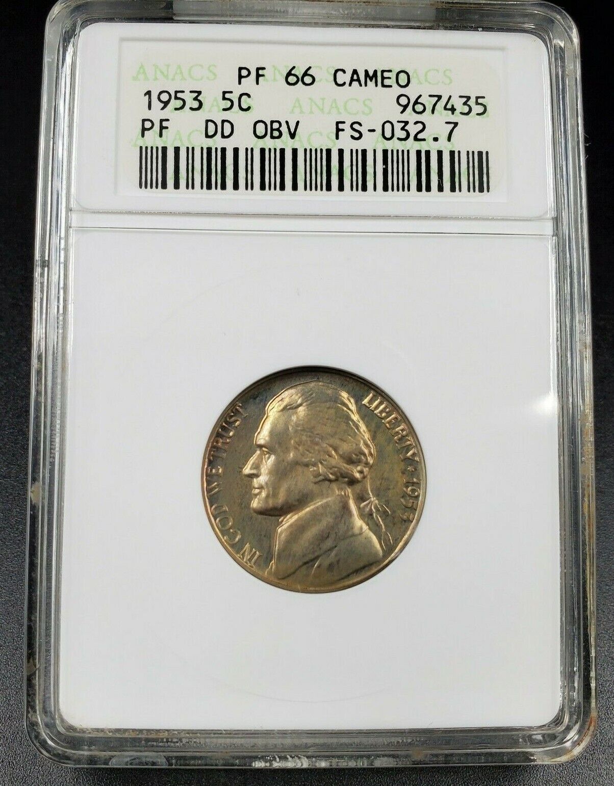 1953 Proof Jefferson Nickel ANACS PF66 Cameo DDO FS-032.7 FS-101 Double Die OBV