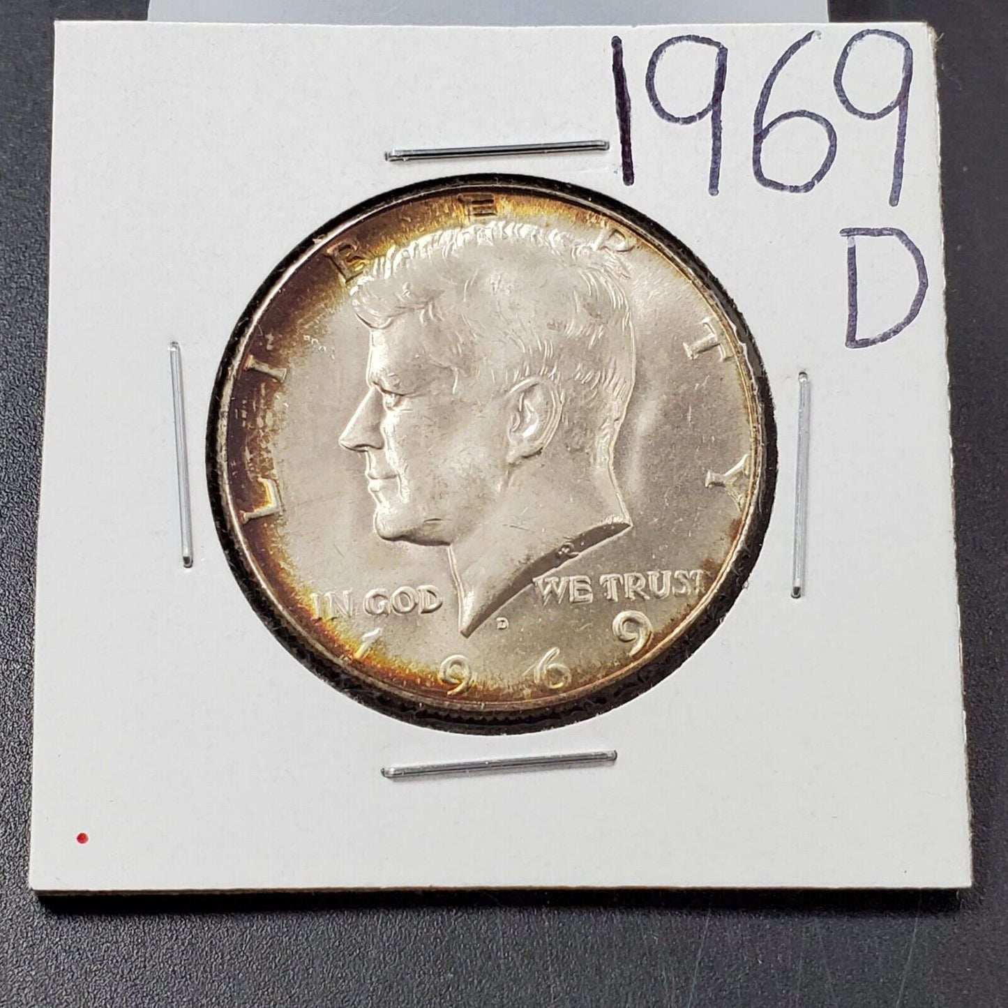 1969 D Kennedy 40% Silver Half Dollar Coin Amber Toning Toner Obverse CH BU