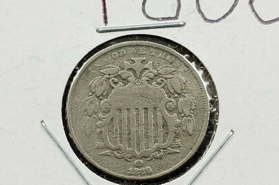 1866 Shield Nickel Five Cents Coin VG Details Acid Restored