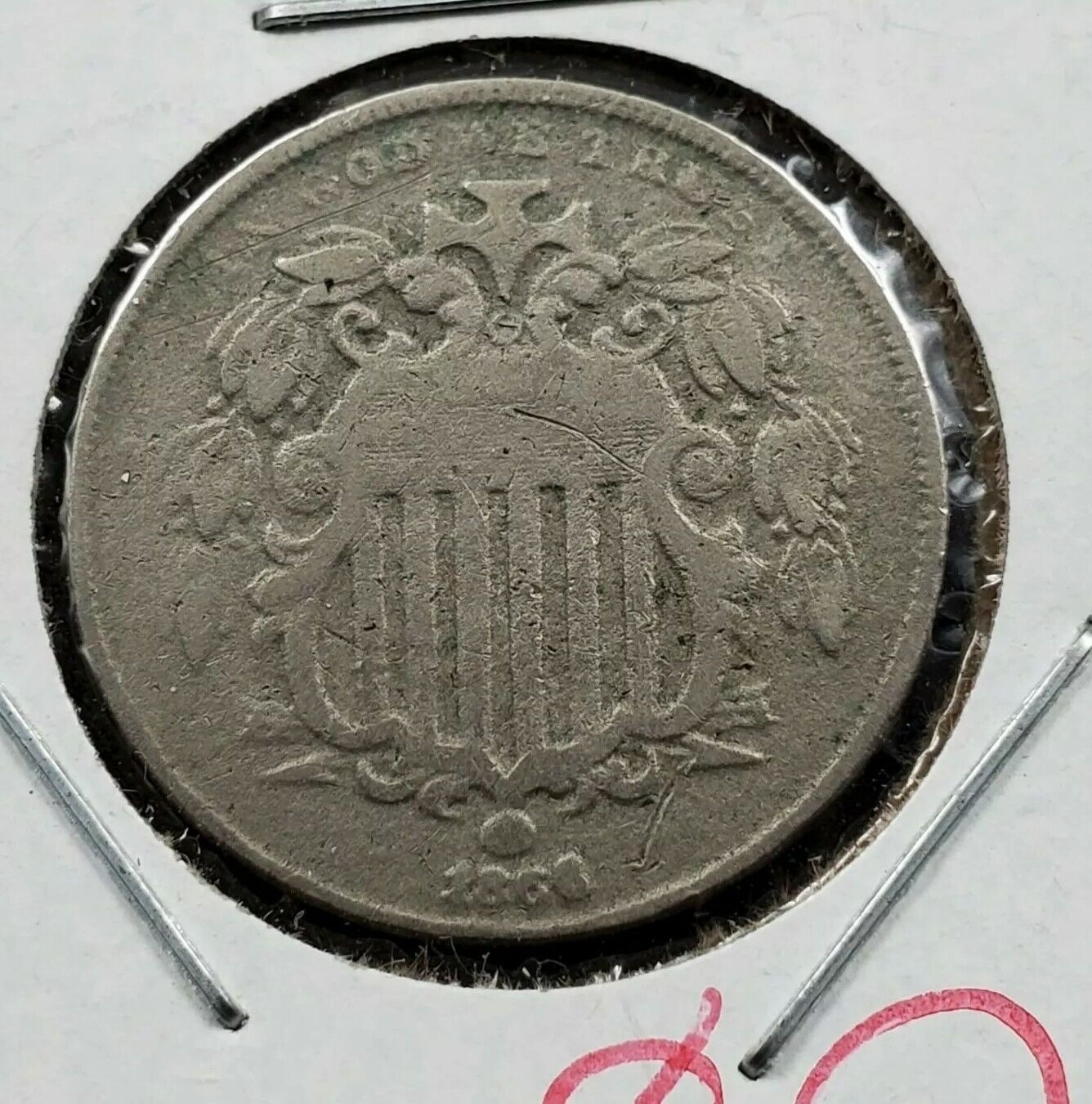 1866 Shield Nickel Five Cents Coin VG Details Acid Restored