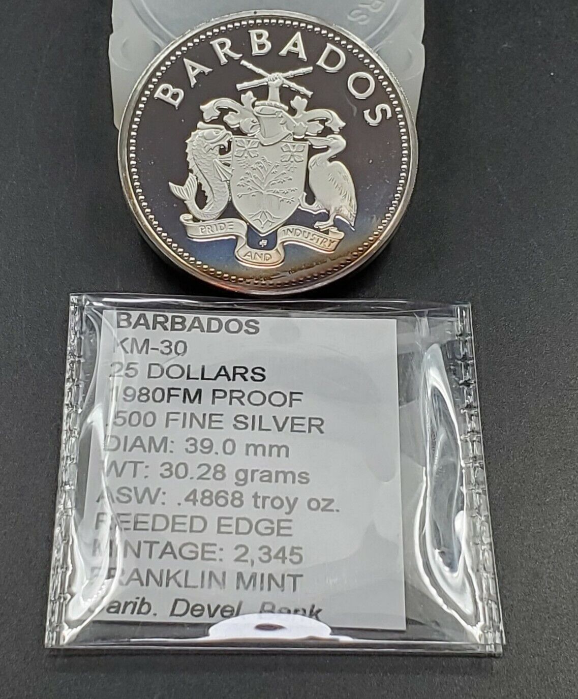 NICE TONED Barbados 25 dollars 10th Anniversary Caribbean Bank proof silver 1980