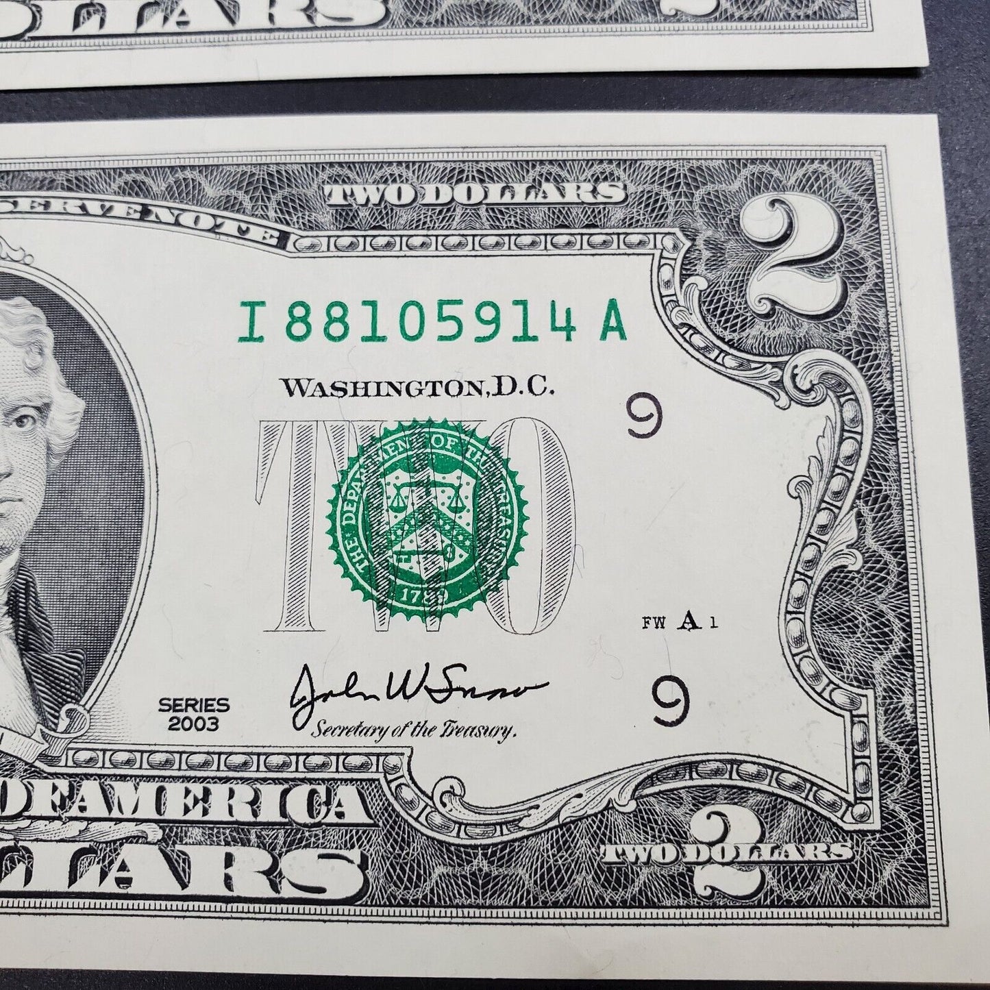 3 Consecutive $2 2003 FRN FEDERAL RESERVE NOTE CH Unc Dollar Bill Green Seal #A