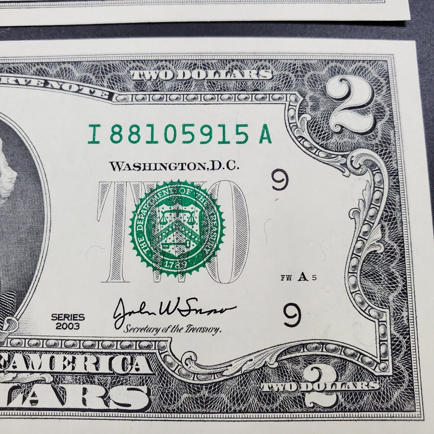 3 Consecutive $2 2003 FRN FEDERAL RESERVE NOTE CH Unc Dollar Bill Green Seal #A