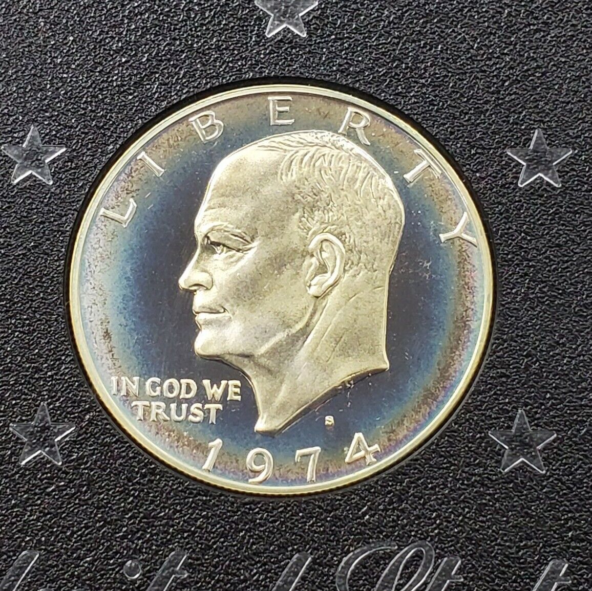 1974 S $1 Eisenhower Brown Ike 40% Proof Silver Dollar PQ Blue Toning DCAM
