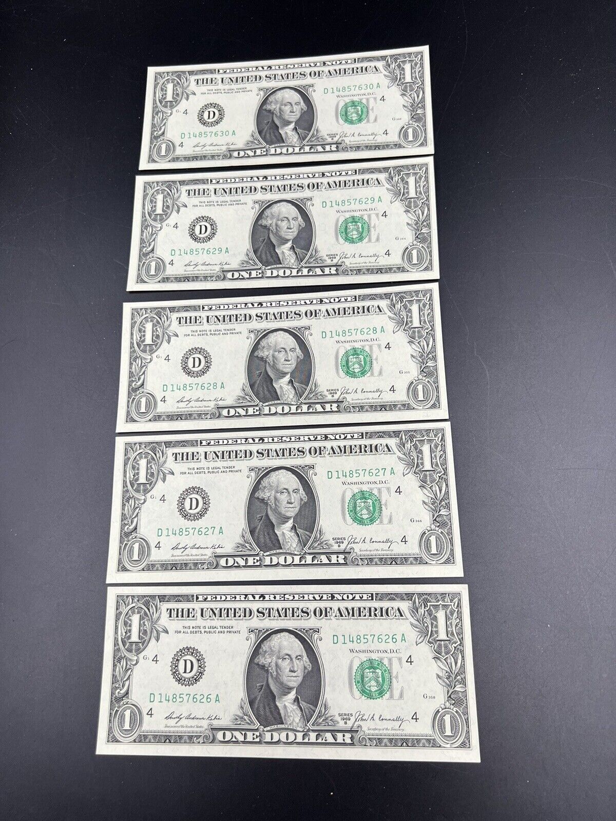 5 Consecutive Note Lot 1969 B $1 FRN Federal Reserve US Currency Bills CH UNC #A