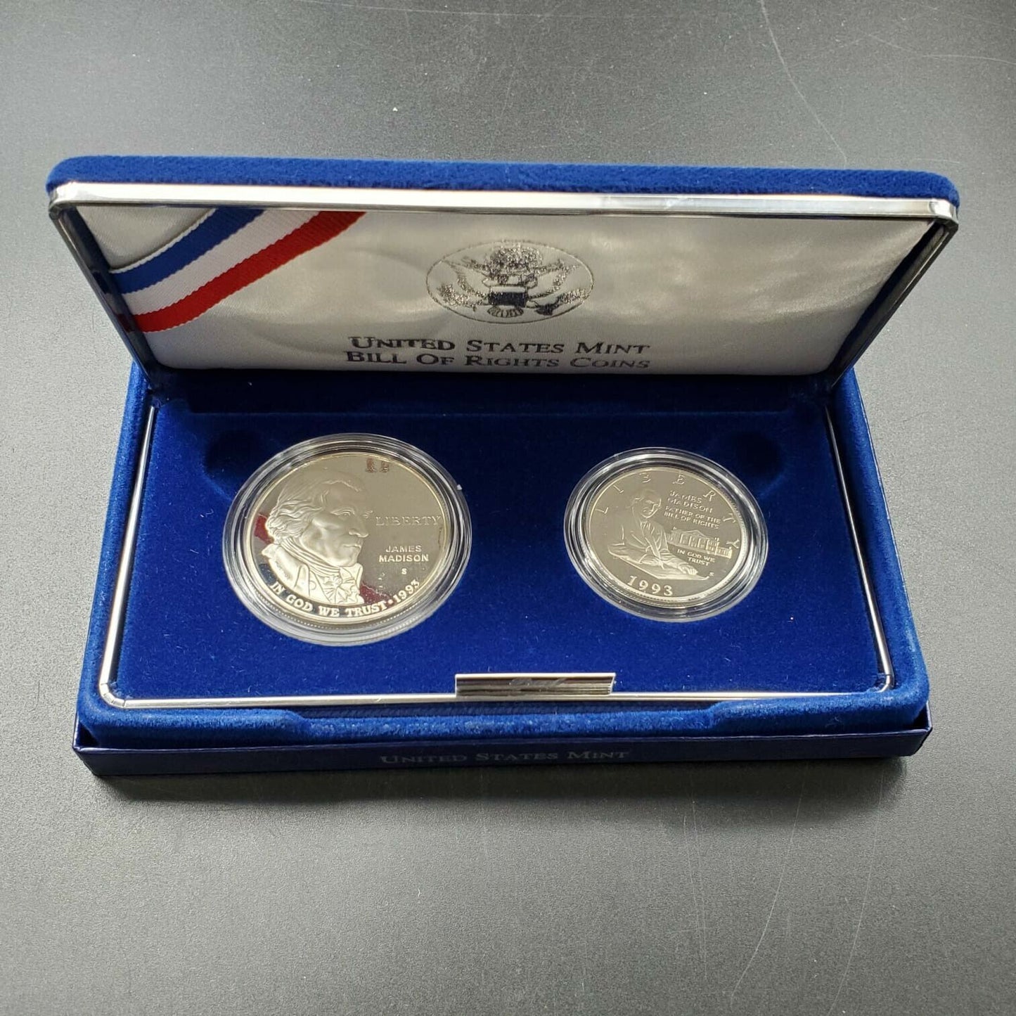 1993 S JAMES MADISON COMMEMORATIVE PROOF SILVER $1 HALF DOLLAR 2 Coin SET