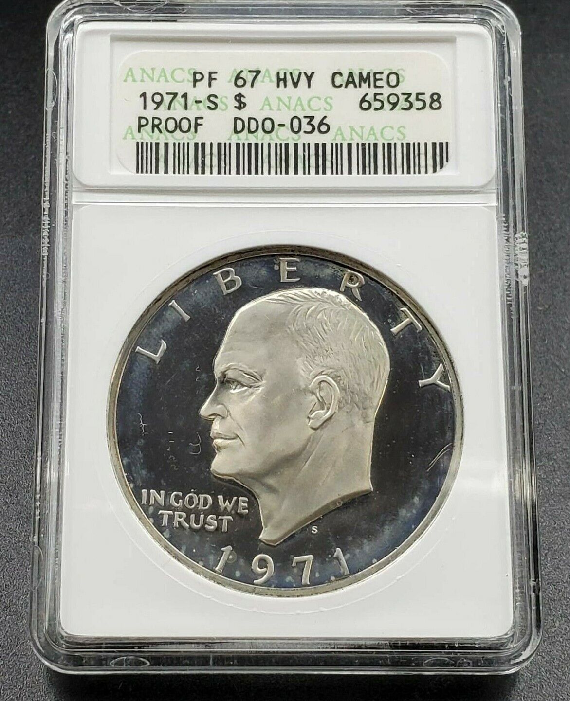 1971 S $1 Ike Eisenhower Dollar ANACS PF67 HEAVY CAMEO Variety DDO 036