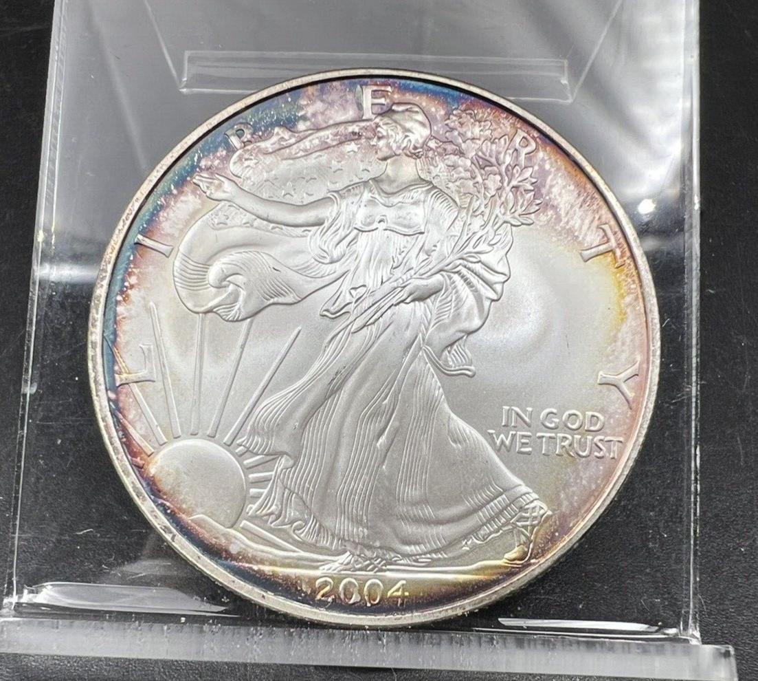 2004 1 OZ American Silver Eagle GEM BU UNC PQ Original Toning Toner Obverse