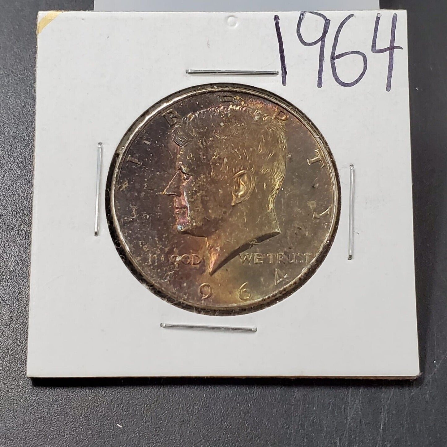 1964 P Kennedy 90% Silver Half Dollar Coin PQ Amber Toning Obverse