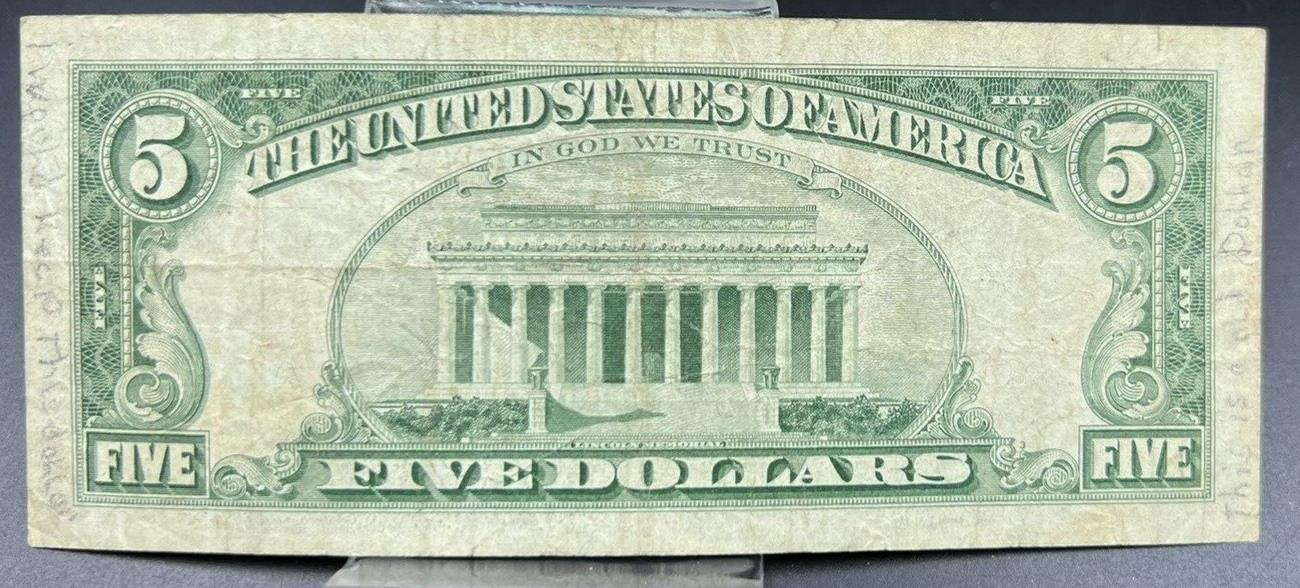 1963 $5 US Red Seal Note Bil Circ VG Very Good with Handwritten notes