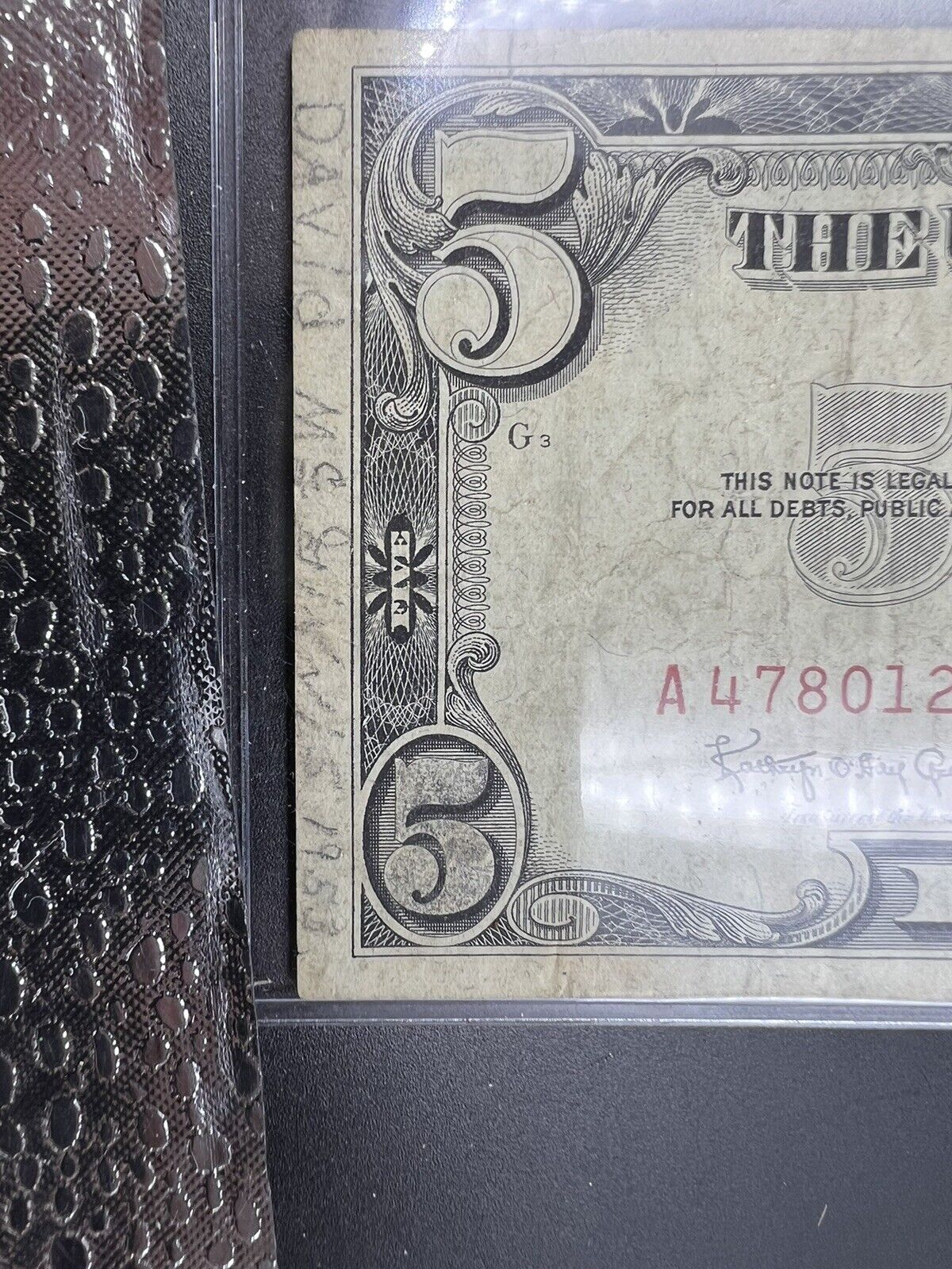 1963 $5 US Red Seal Note Bil Circ VG Very Good with Handwritten notes