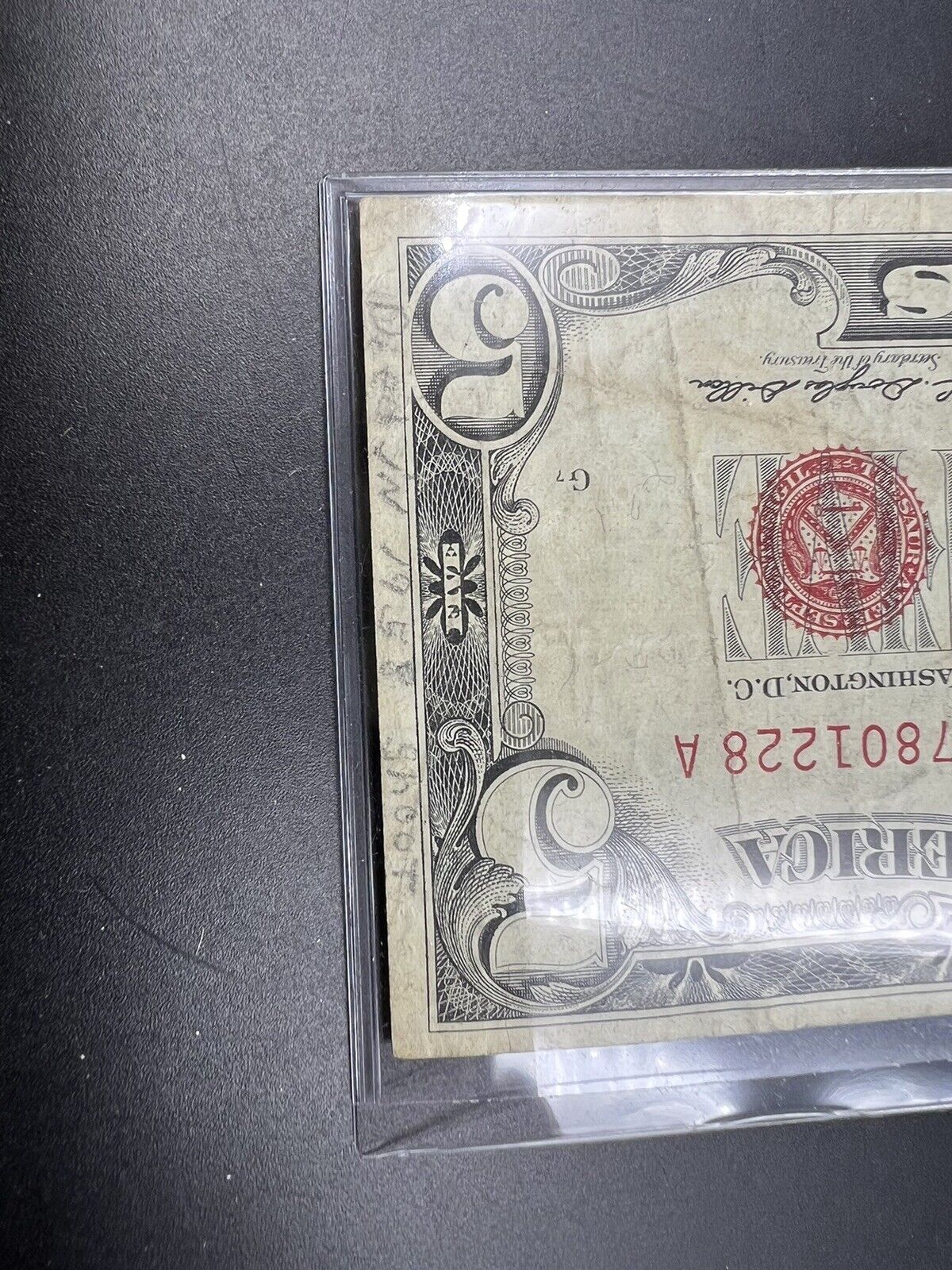 1963 $5 US Red Seal Note Bil Circ VG Very Good with Handwritten notes