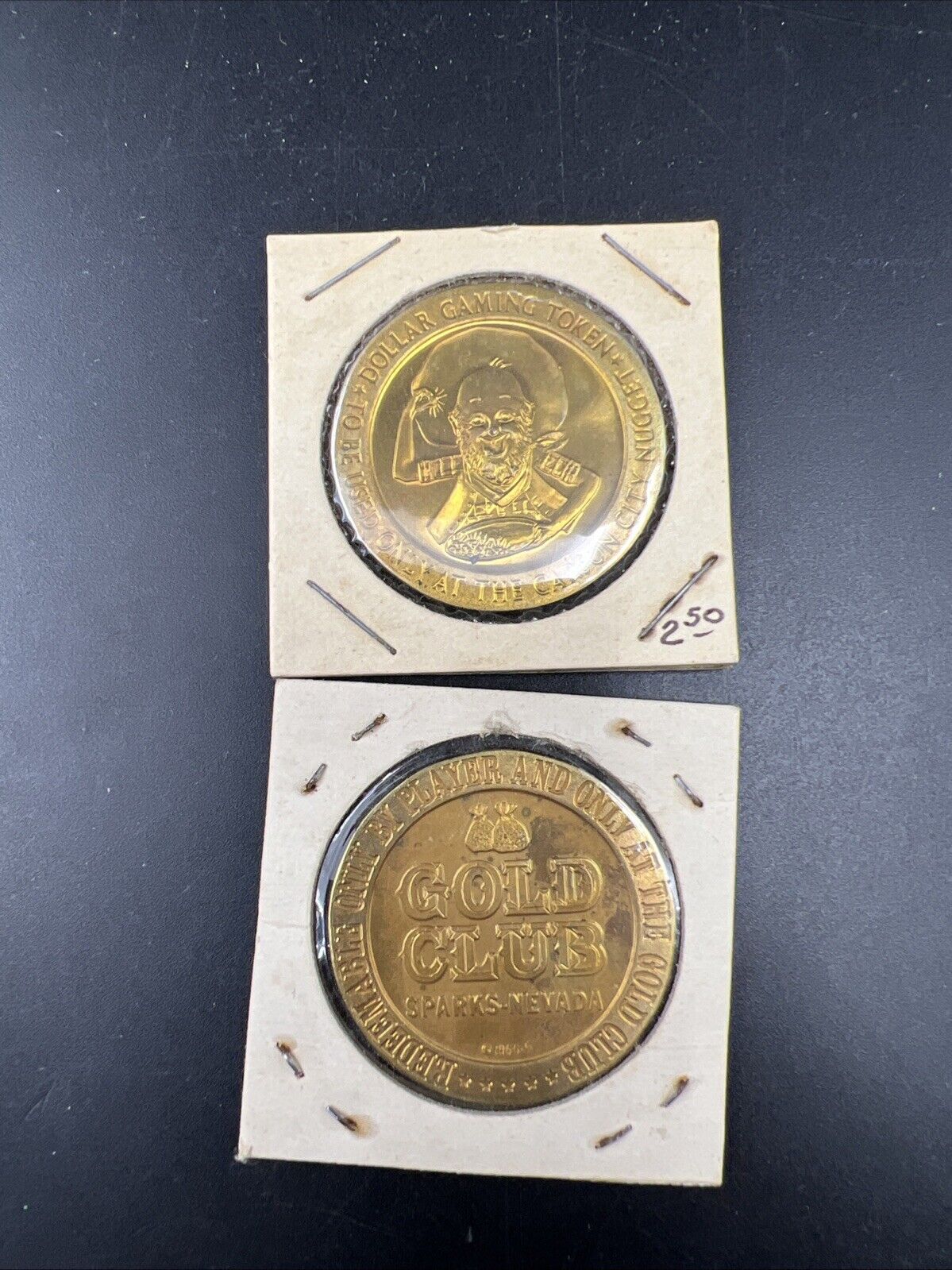 Lot of 2 Specimine Proof Strike Casino Tokens Carson City Nugget & Gold Club
