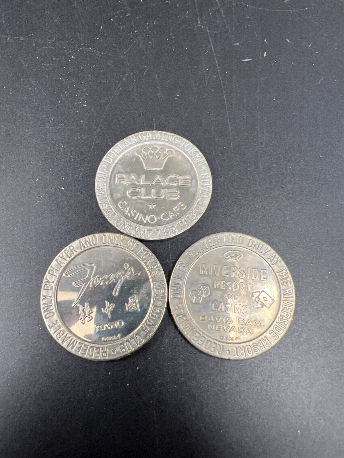 Lot of 3 Specimine / Proof Strike Casino Tokens Fong's Palace Club Riverside