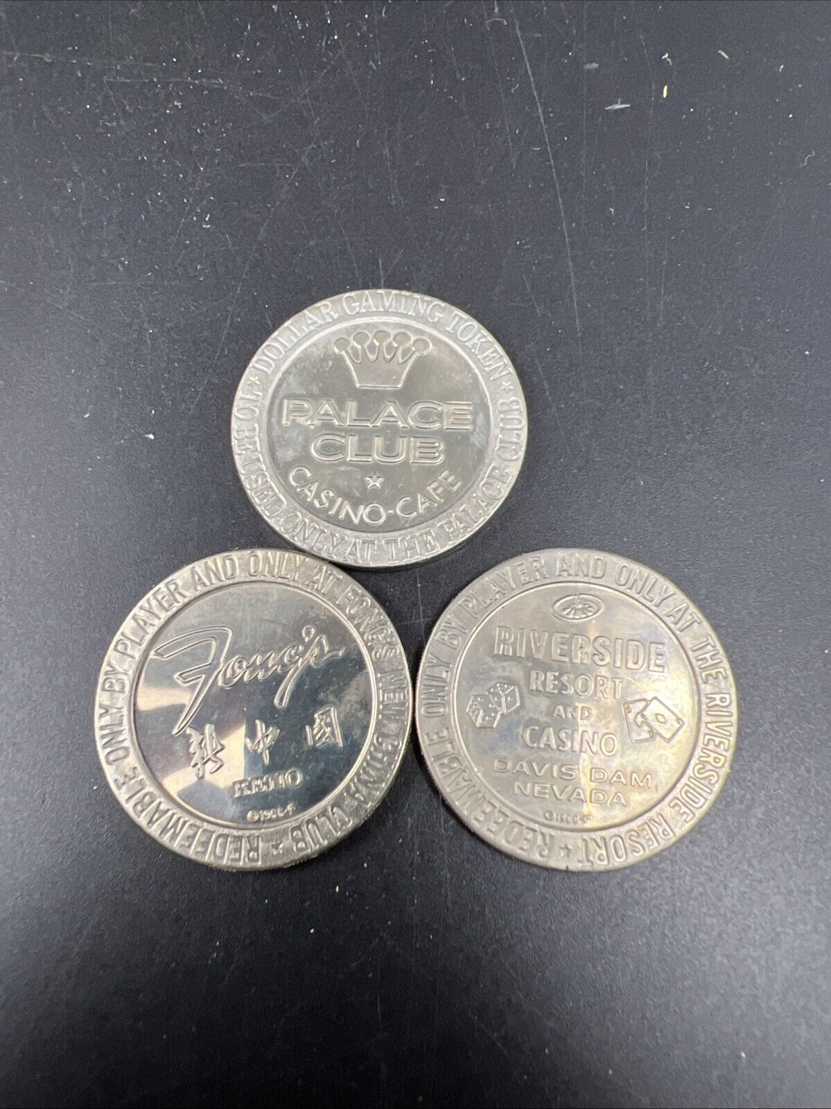 Lot of 3 Specimine / Proof Strike Casino Tokens Fong's Palace Club Riverside