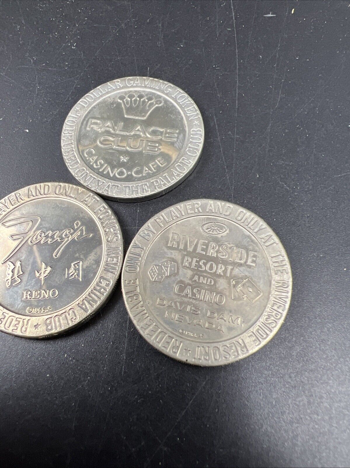 Lot of 3 Specimine / Proof Strike Casino Tokens Fong's Palace Club Riverside