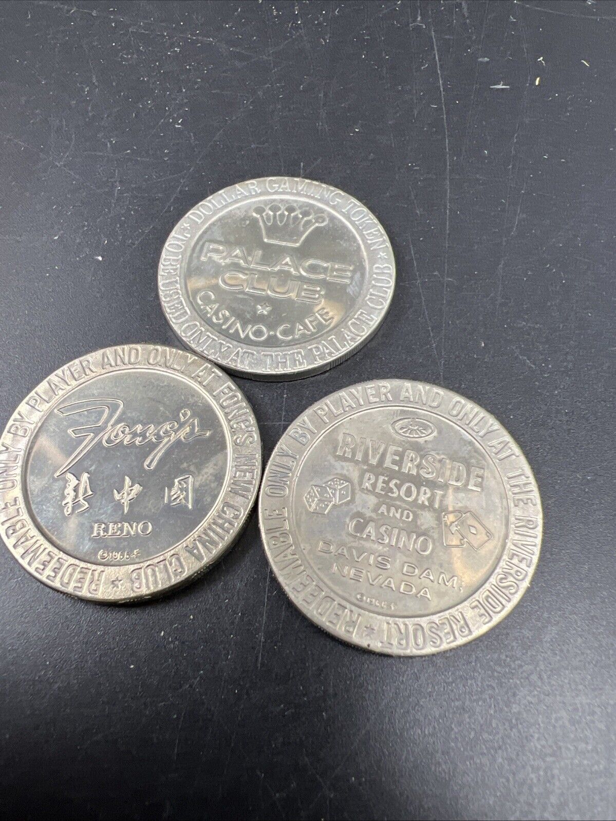 Lot of 3 Specimine / Proof Strike Casino Tokens Fong's Palace Club Riverside