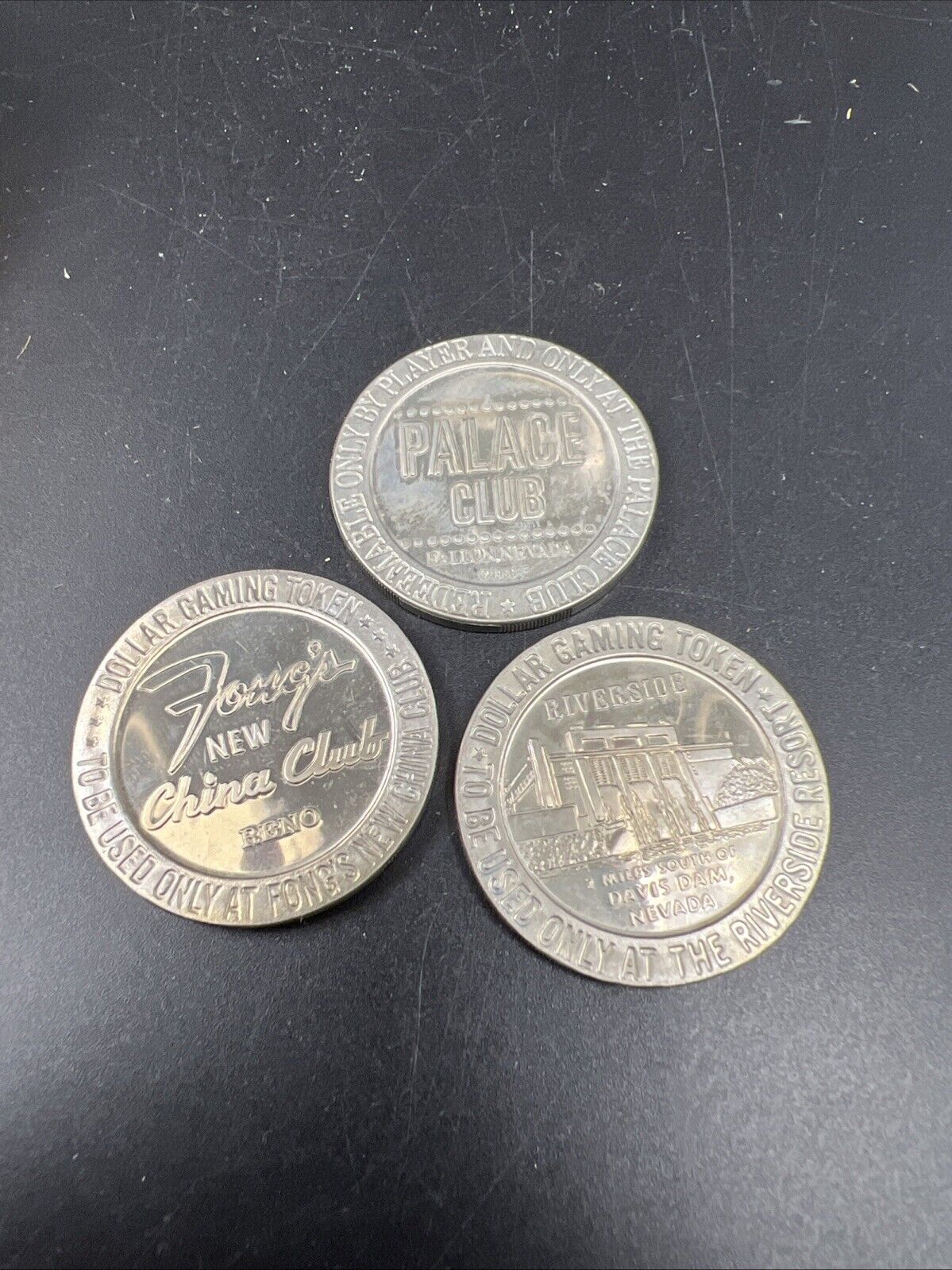 Lot of 3 Specimine / Proof Strike Casino Tokens Fong's Palace Club Riverside