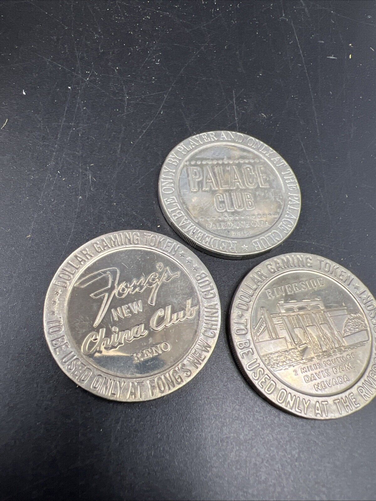Lot of 3 Specimine / Proof Strike Casino Tokens Fong's Palace Club Riverside