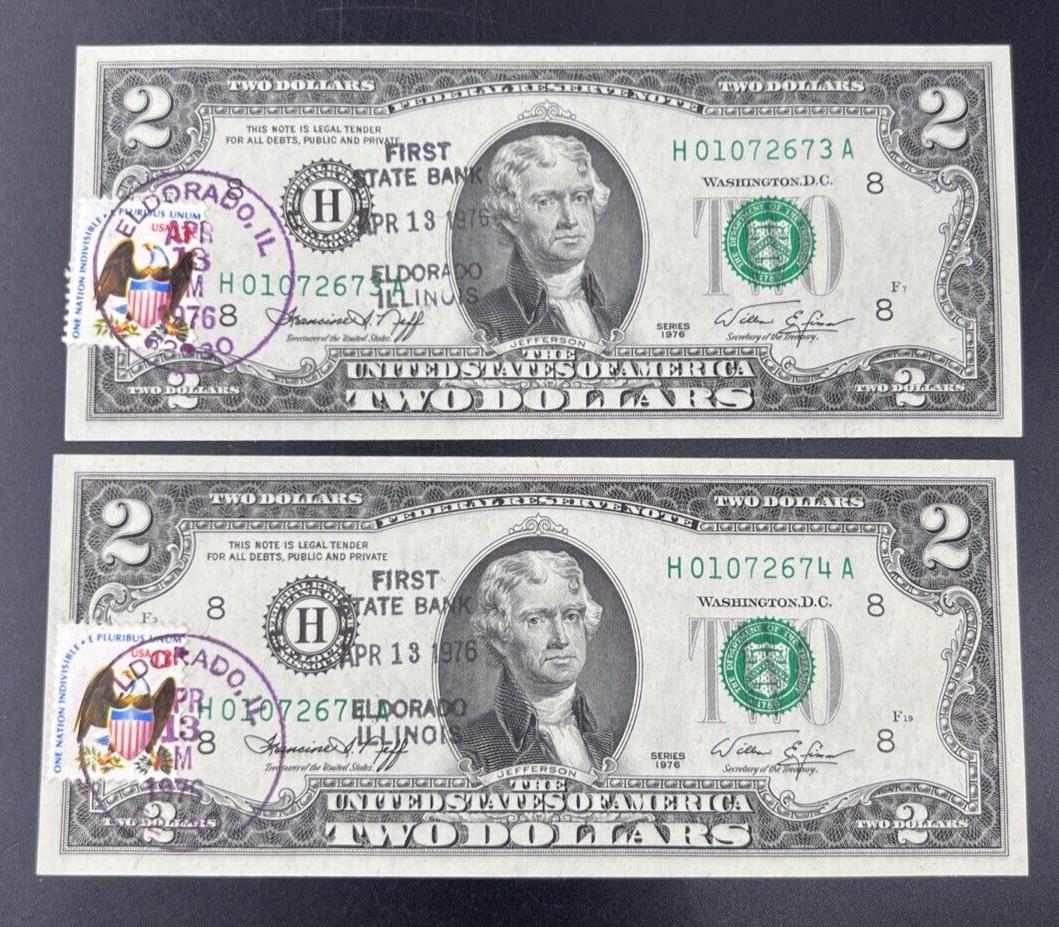 2 Consecutive 1976 $2 Bicentennial Two Dollar Postal Bills CH UNC El Dorado IL B