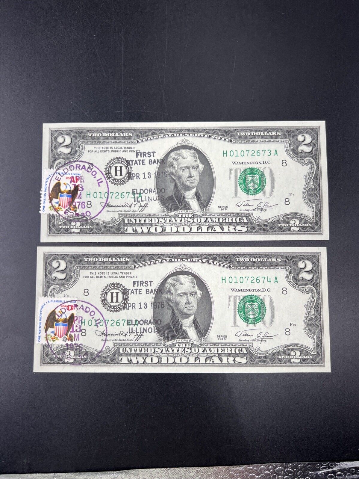 2 Consecutive 1976 $2 Bicentennial Two Dollar Postal Bills CH UNC El Dorado IL B