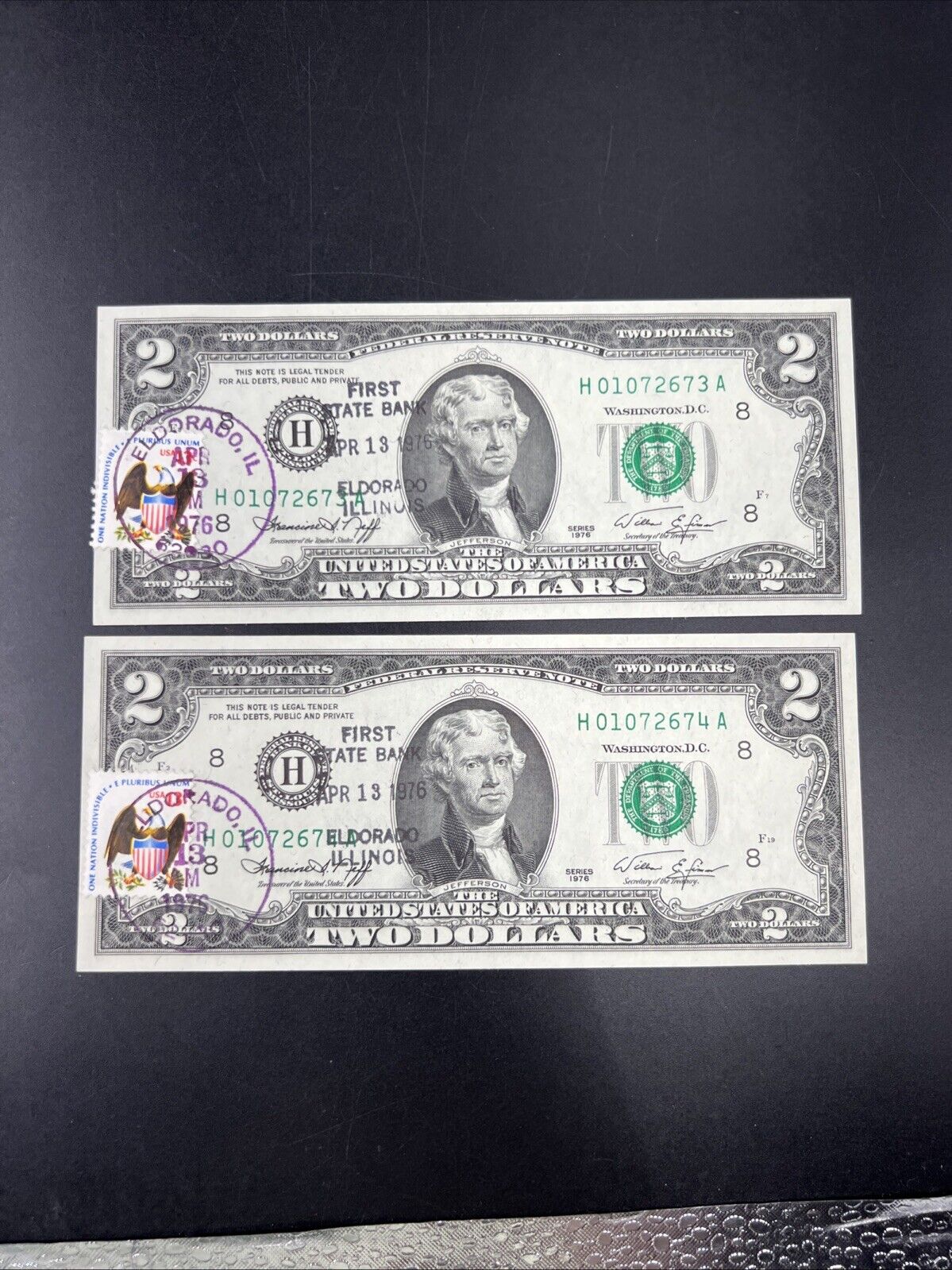 2 Consecutive 1976 $2 Bicentennial Two Dollar Postal Bills CH UNC El Dorado IL B