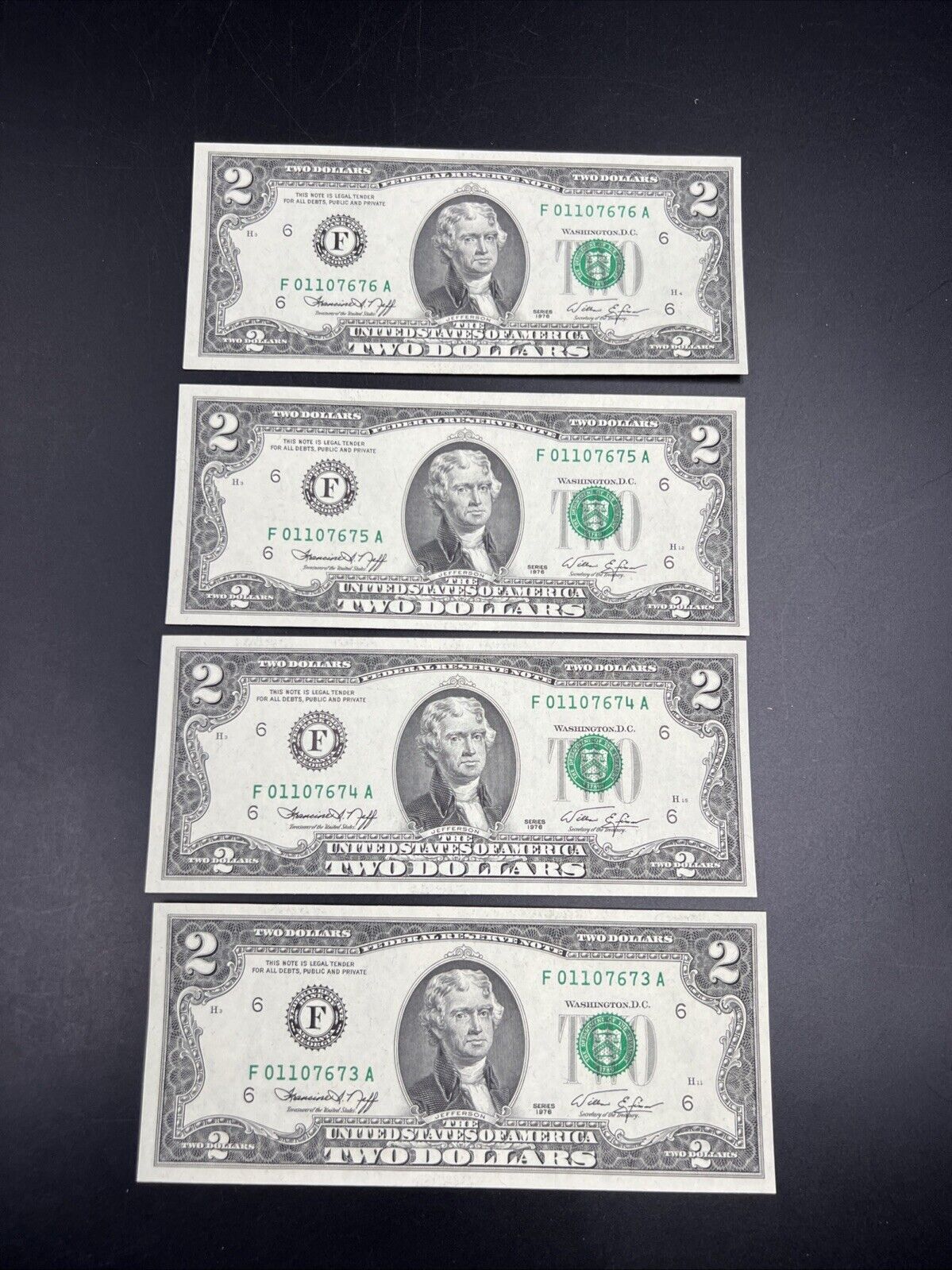 4 Consecutive 1976 $2 FRN Two Dollar Bicentennial Postal Note CH UNC Atlanta