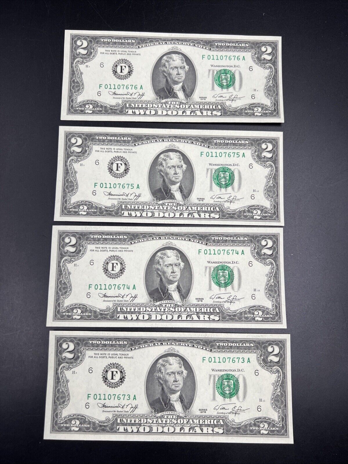 4 Consecutive 1976 $2 FRN Two Dollar Bicentennial Postal Note CH UNC Atlanta