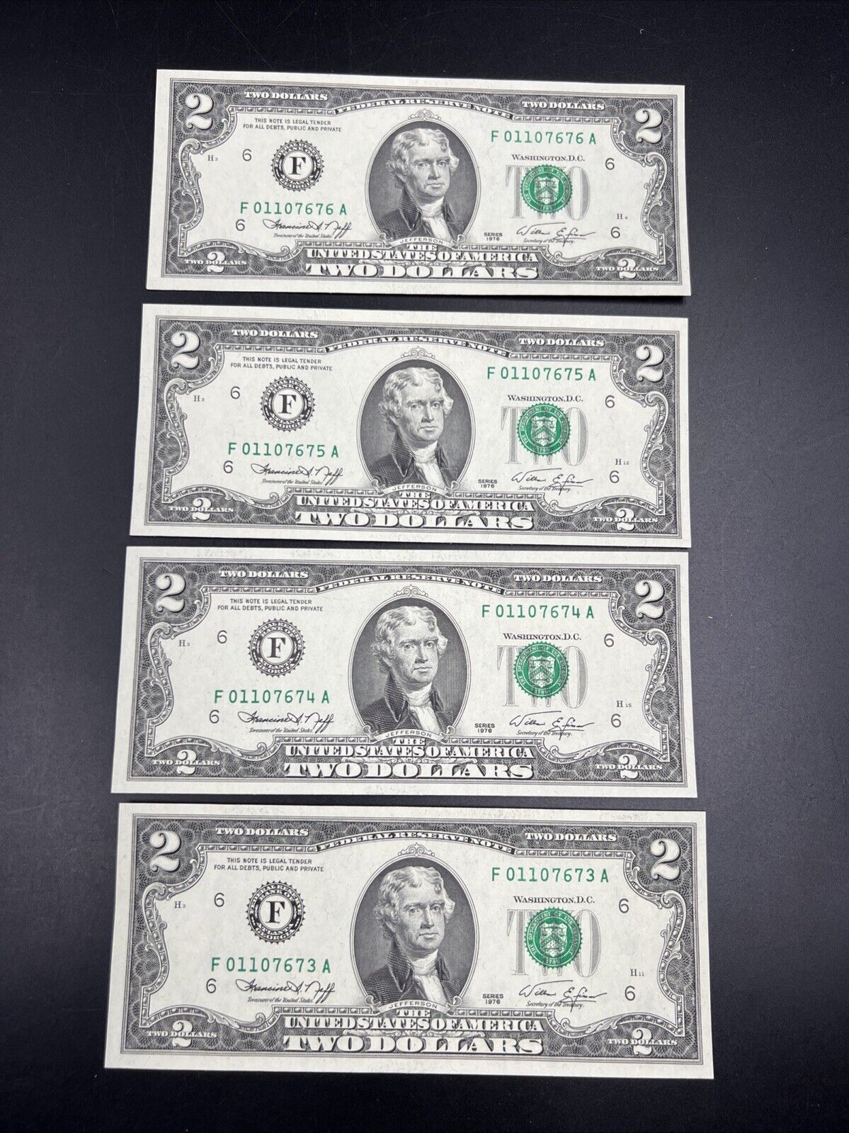 4 Consecutive 1976 $2 FRN Two Dollar Bicentennial Postal Note CH UNC Atlanta