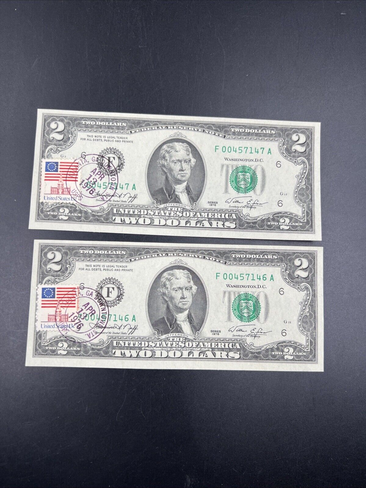 2 Consecutive 1976 $2 FRN Two Dollar Federal Reserve Postal Notes UNC Atlanta GA