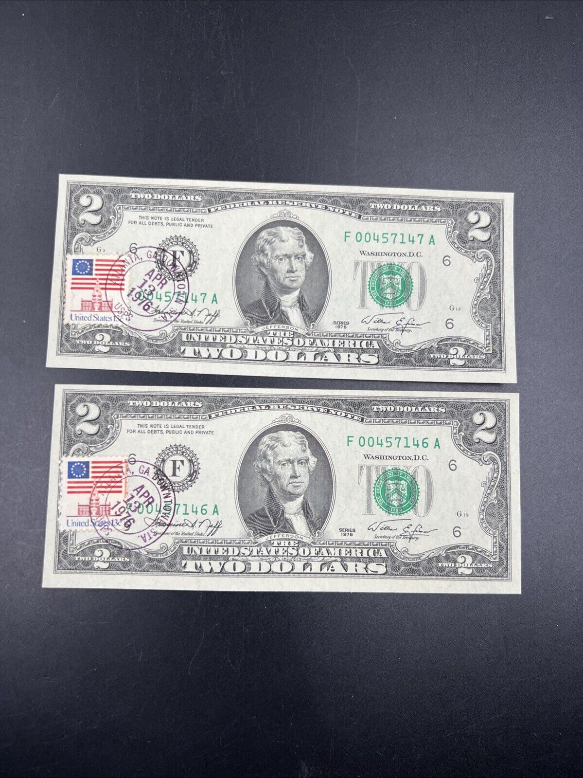 2 Consecutive 1976 $2 FRN Two Dollar Federal Reserve Postal Notes UNC Atlanta GA