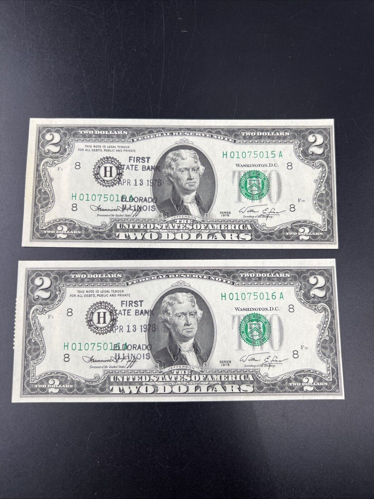 2 Consecutive 1976 $2 Two Dollar Bicentennial Postal Notes CH UNC El Dorado IL C